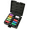 Mallette à outils avec accessoires colorés. L'étui est noir, contient 12 accessoires colorés en rouge, vert, bleu, violet, blanc et jaune.
